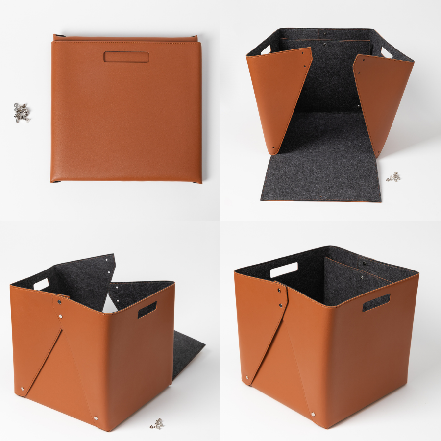 Set of 2 Leather Brown Cube Storage Bins