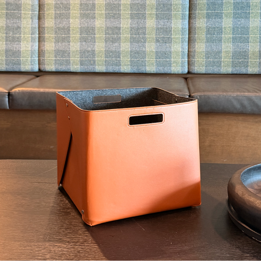 Set of 2 Leather Brown Cube Storage Bins